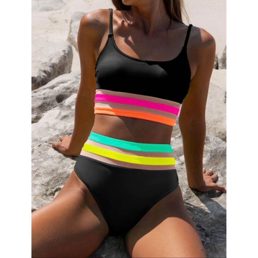 Black High-Waist Bikini Set with Neon Accent Stripes